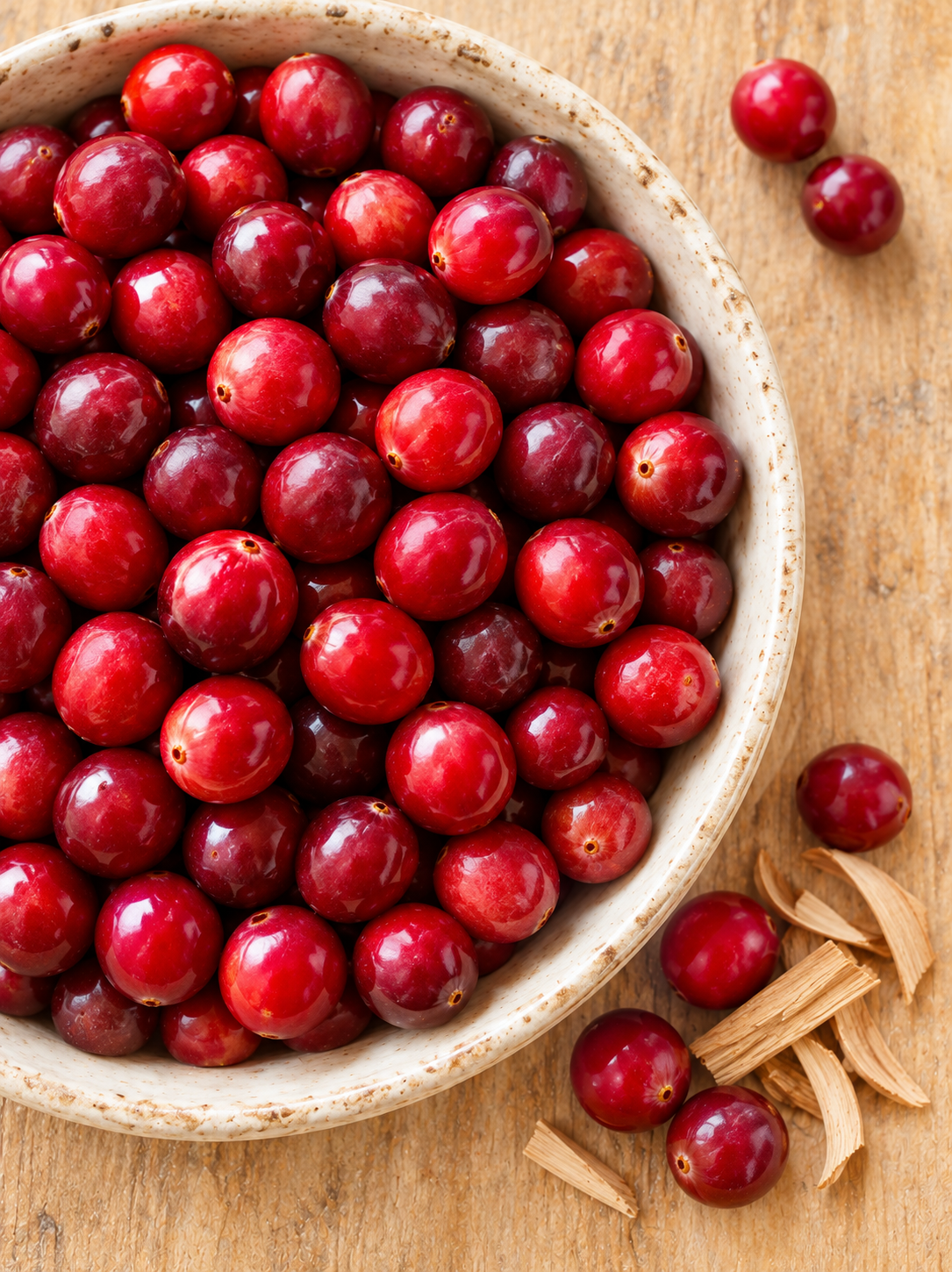 Fresh red cranberries in an ivory ceramic bowl beside subtle sandalwood shavings on a light rustic wood surface, representing Cranberry Santal fragrance oil.