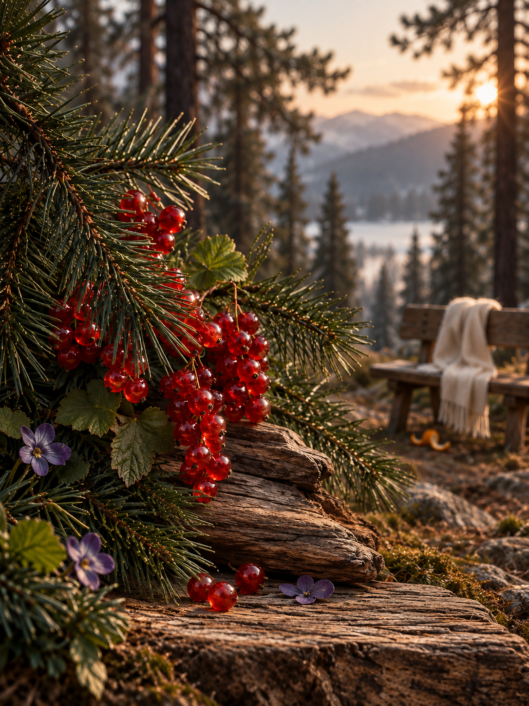 Red currants on leafy stems woven among pine branches in a winter woodland, with a cashmere scarf on a bench in the background.