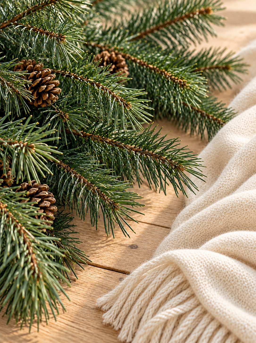 Evergreen Cashmere fragrance oil with soft pine and cashmere notes, represented by evergreen branches, pinecones, and a cream knit scarf on a wooden table.