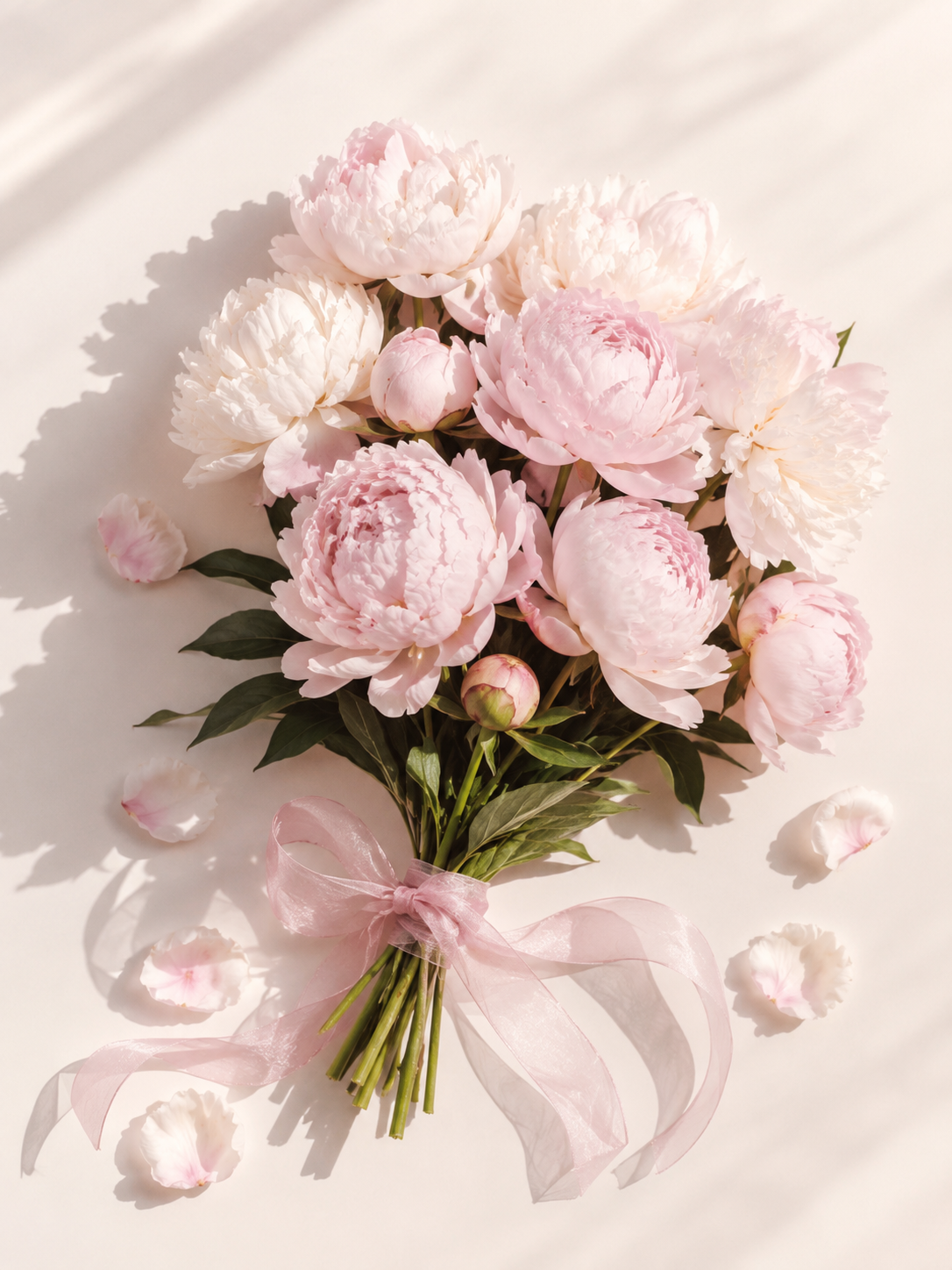 Romantic bouquet of soft pink peonies representing Her Bouquet, an exclusive floral fragrance oil with notes of pear, pink peony blossoms, amber, vanilla, musk, and oakwood.